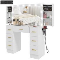 Toaletka HOMCOM z 12 diodami LED, toaletka z lustrem, stacja ładowania, toaletka z uchwytem na suszarkę do włosów, 7 szuflad, 6 ukrytych półek przesuwnych, do sypialni, kolor biały