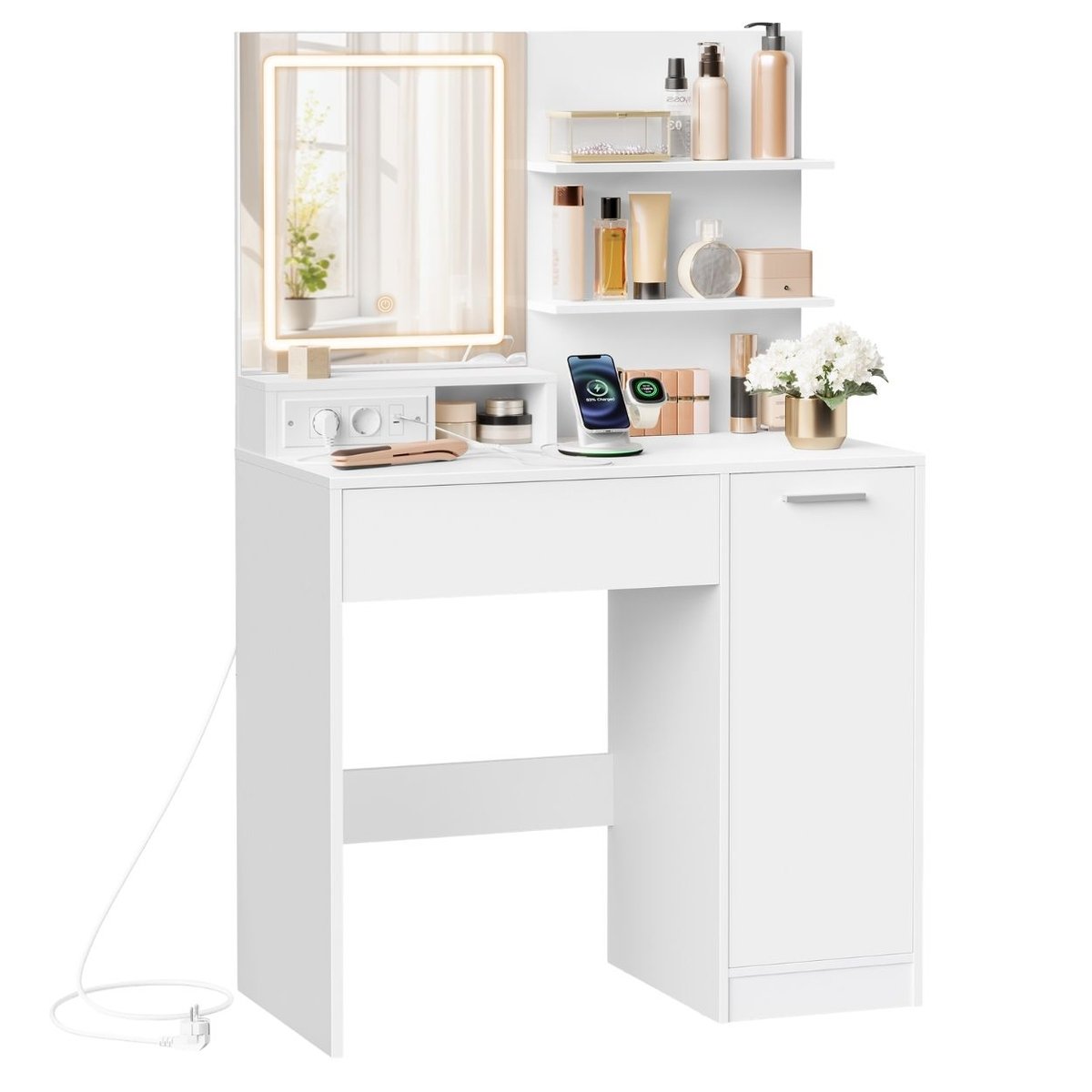 Toaletka kosmetyczna biała z lustrem LED 3 tryby światła listwą zasilającą USB i szafką 80 cm