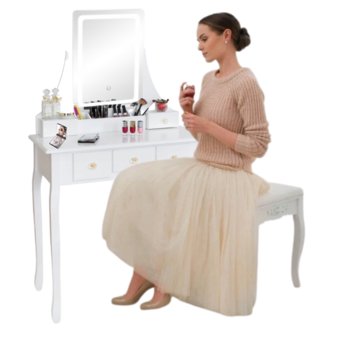 TOALETKA KOSMETYCZNA DUŻYM LUSTREM LED BIAŁA + TABORET+LUSTERKO - ABC