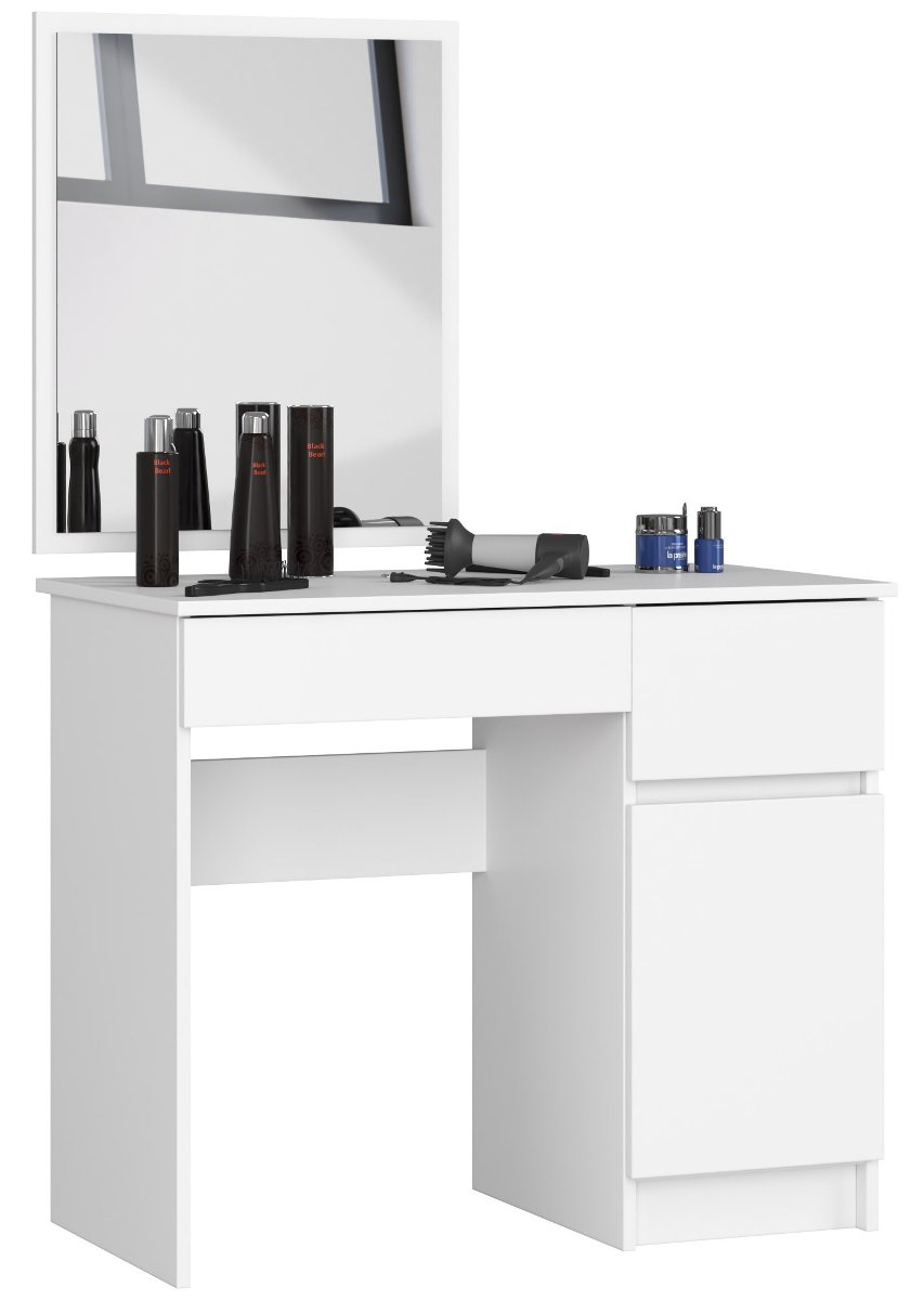Toaletka kosmetyczna P-2 90 cm prawa z lustrem 50x60 cm 2 szuflady do sypialni - Biała