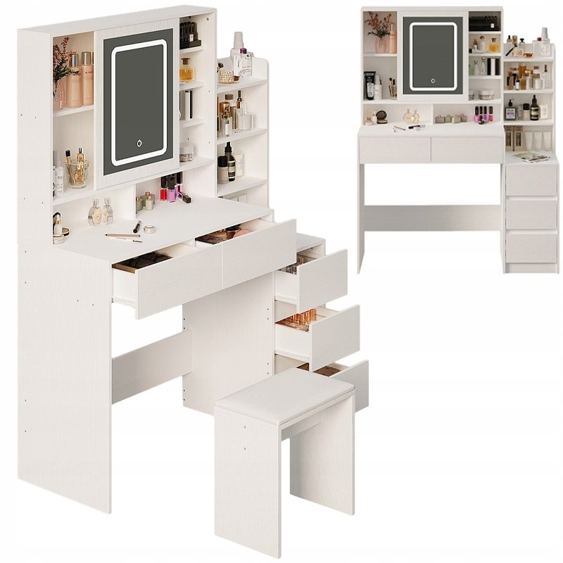 Toaletka kosmetyczna z taboretem I lustrem LED – glamour loft