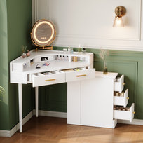 Toaletka narożna z obrotowym lustrem LED (ściemniane), 5 szuflad, porty USB i USB-C, biała – 105,5 × 75 × 120 cm (szer. × gł. × wys.)