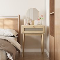 Toaletka rattanowa z lustrem, kompaktowa toaletka do sypialni i urocza toaletka do małych pomieszczeń (bez krzesełek).