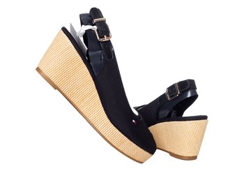 TOMMY  HILFIGER BUTY SANDAŁY NA KOTURNIE DAMSKIE ICONIC ELBA SLING BACK WEDGE BLACK FW0FW04788 BDS - Rozmiar: 37 - Tommy Hilfiger