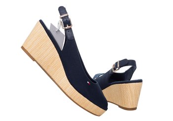 TOMMY  HILFIGER BUTY SANDAŁY NA KOTURNIE DAMSKIE ICONIC ELBA SLING BACK WEDGE NAVY FW0FW04788 DW5 - Rozmiar: 37 - Tommy Hilfiger