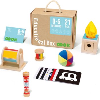 Tooky Toy Edukacyjne Pudełko Karty Kontrastowe Grzechotka Bębenek Piłka 6w1 od urodzenia do 6 miesiąca - Tooky Toy