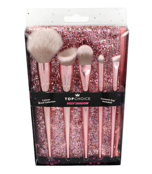 Top Choice, Rosy Shadow, zestaw pędzli do makijażu + brokatowa kosmetyczka - Top Choice