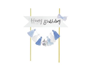Topper na tort Happy Birthday z niebieskimi frędzelkami - 1 szt. - Arpex