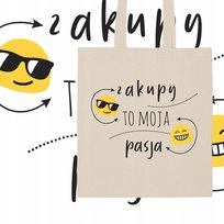 TORBA ECO BAWEŁNIANA NA ZAKUPY NA PLAŻĘ NA RAMIĘ Z NADRUKIEM ZAKUPY PASJA