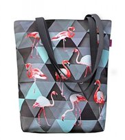 Torebka płócienna Sunny, nadruk Flamingi – shopperka damska, wodoodporna, zamek, mieści A4, udźwig do 10 kg, polska produkcja, ARCO Design Bertoni