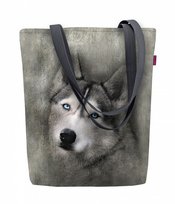 Torebka płócienna Sunny, nadruk Pies Husky – shopperka damska, wodoodporna, zamek, mieści A4, udźwig do 10 kg, polska produkcja, ARCO Design Bertoni