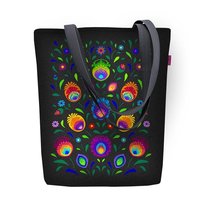 Torebka płócienna Sunny, nadruk regionany Oberek – shopperka damska, wodoodporna, zamek, mieści A4, udźwig do 10 kg, polska produkcja, ARCO Design