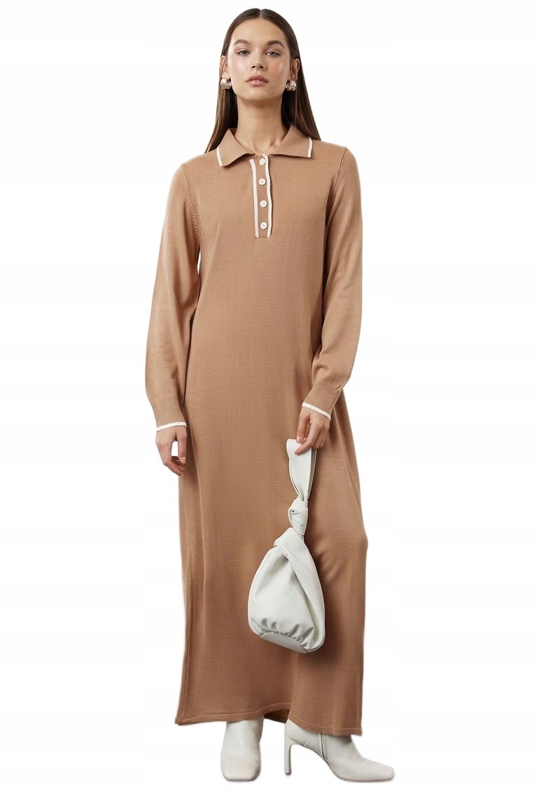 Trendyol TRENDYOL BEŻOWA DŁUGA SUKIENKA Z KOŁNIERZYKIEM I DŁUGIM RĘKAWEM 36 5EA
