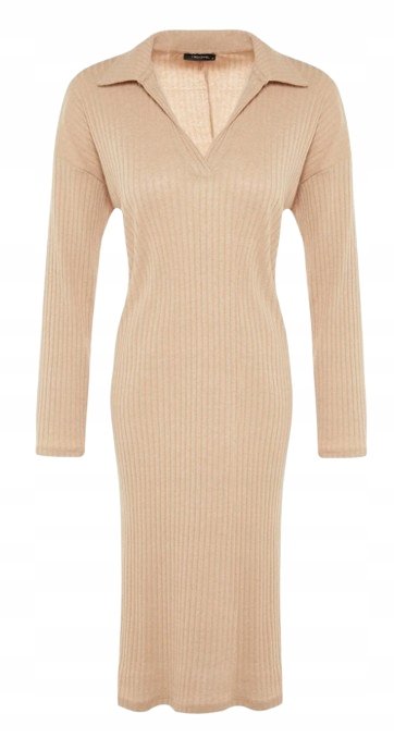 Trendyol TRENDYOL BEŻOWA DOPASOWANA SUKIENKA Z KOŁNIERZYKIEM DŁUGI RĘKAW XS J7A