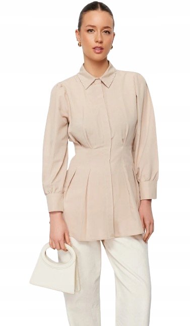 Trendyol TRENDYOL BEŻOWA KOSZULA Z PEREŁKAMI NA KOŁNIERZYKU I DŁUGIM RĘKAWEM 40 5AA