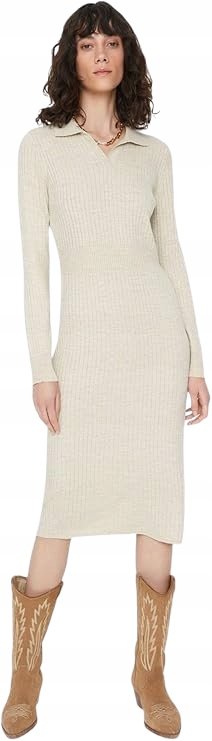 Trendyol TRENDYOL BEŻOWA PRĄŻKOWANA SUKIENKA SWETERKOWA Z KOŁNIERZYKIEM 36 5_A