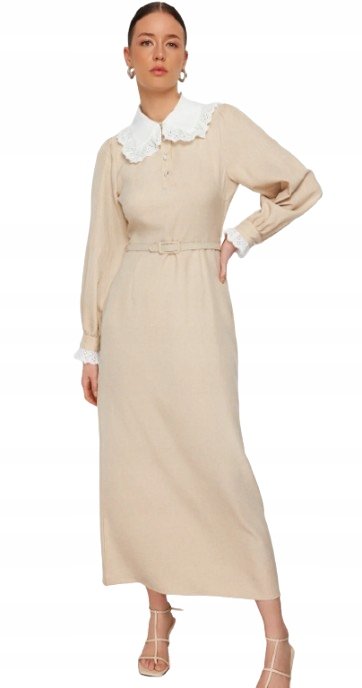 Trendyol TRENDYOL BEŻOWA SUKIENKA MIDI Z KOŁNIERZYKIEM I PASKIEM 40 5BA