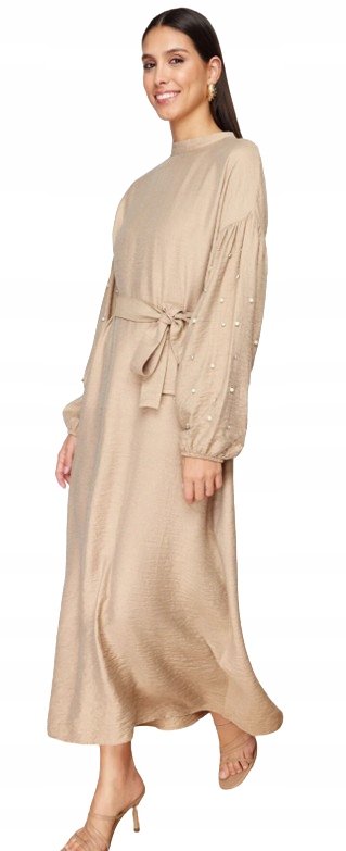 Trendyol TRENDYOL BEŻOWA SUKIENKA MIDI Z OZDOBNYMI PEREŁKAMI I WIĄZANIEM 40 5AA