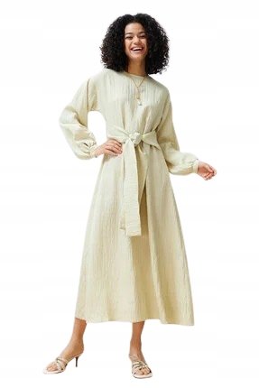 Trendyol TRENDYOL BEŻOWA SUKIENKA MIDI Z WIĄZANIEM I DŁUGIM RĘKAWEM 40 5BA