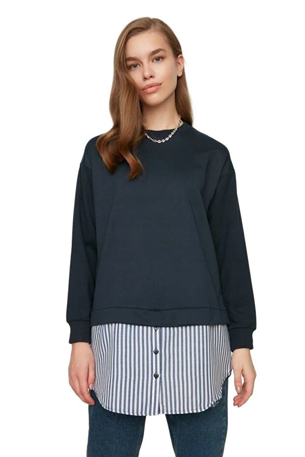 Trendyol TRENDYOL BLUZA DAMSKA GRANATOWA Z DŁUGIM RĘKAWEM BEZ KAPTURA S 5EA*