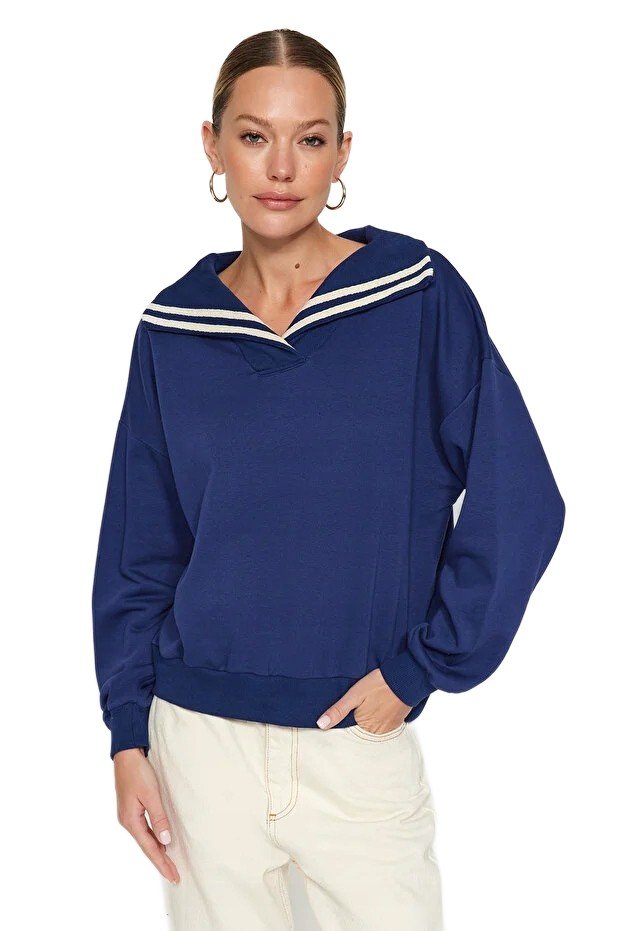 Trendyol TRENDYOL BLUZA DAMSKA GRANATOWA Z KOŁNIERZYKIEM W PASKI S 5EA*