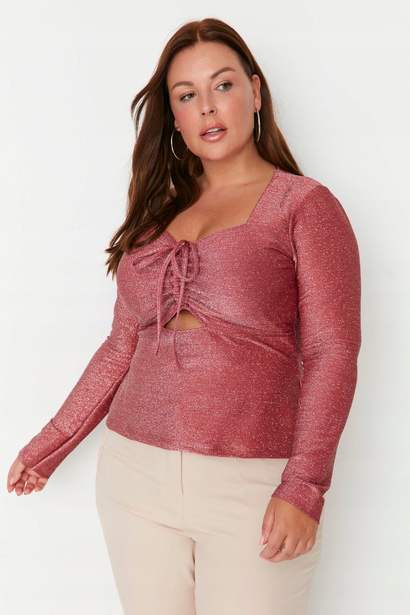 Trendyol TRENDYOL BORDOWA BLUZKA PLUS SIZE Z WIĄZANIEM I BŁYSZCZĄCA 42 6FA