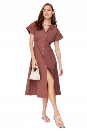 Trendyol TRENDYOL BRĄZOWA SUKIENKA MIDI Z KOŁNIERZYKIEM I GUZIKAMI 40 5AA