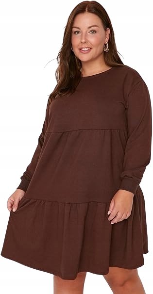 Trendyol TRENDYOL BRĄZOWA SUKIENKA PLUS SIZE Z MARSZCZENIAMI DŁUGI RĘKAW 44 JQA