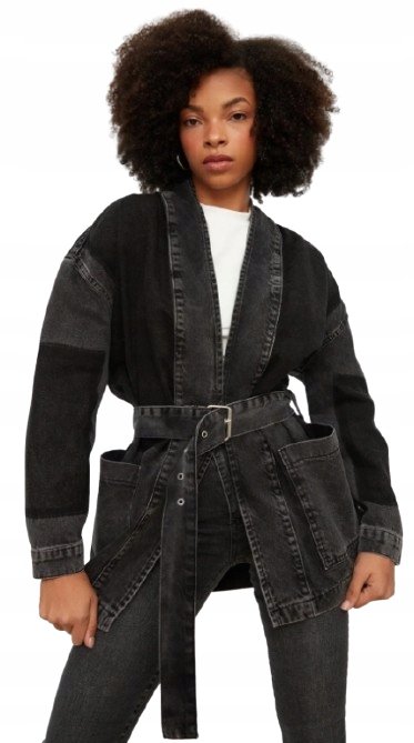 Trendyol TRENDYOL CZARNA JEANSOWA KURTKA KIMONO Z PASKIEM 34 5AA