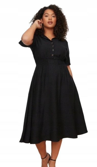 Trendyol TRENDYOL CZARNA ROZKLOSZOWANA SUKIENKA Z KOŁNIERZYKIEM PLUS SIZE 42 5AA