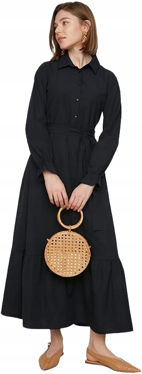 Trendyol TRENDYOL CZARNA ROZKLOSZOWANA SUKIENKA Z PASKIEM I KOŁNIERZYKIEM 40 5AA