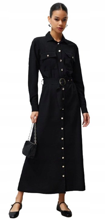 Trendyol TRENDYOL CZARNA SUKIENKA MAXI Z KOŁNIERZYKIEM I PASKIEM 40 5_A