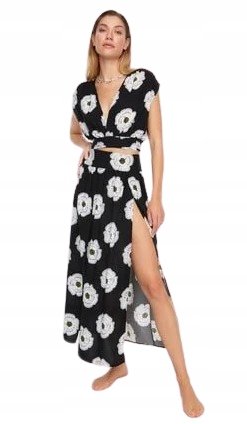 Trendyol TRENDYOL CZARNA SUKIENKA MIDI W BIAŁE KWIATY Z WIĄZANIEM 38 5BA