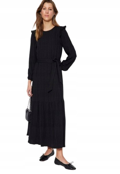 Trendyol TRENDYOL CZARNA SUKIENKA MIDI Z FALBANKAMI I PASKIEM 36 5BA