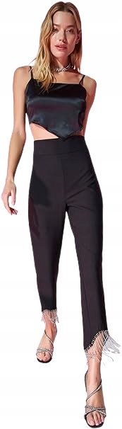 Trendyol TRENDYOL CZARNE ELEGANCKIE SPODNIE W KANT Z FRĘDZLAMI 42 5AA