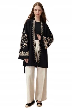Trendyol TRENDYOL CZARNE KIMONO Z HAFTEM Z PASKIEM 36/38 5AA