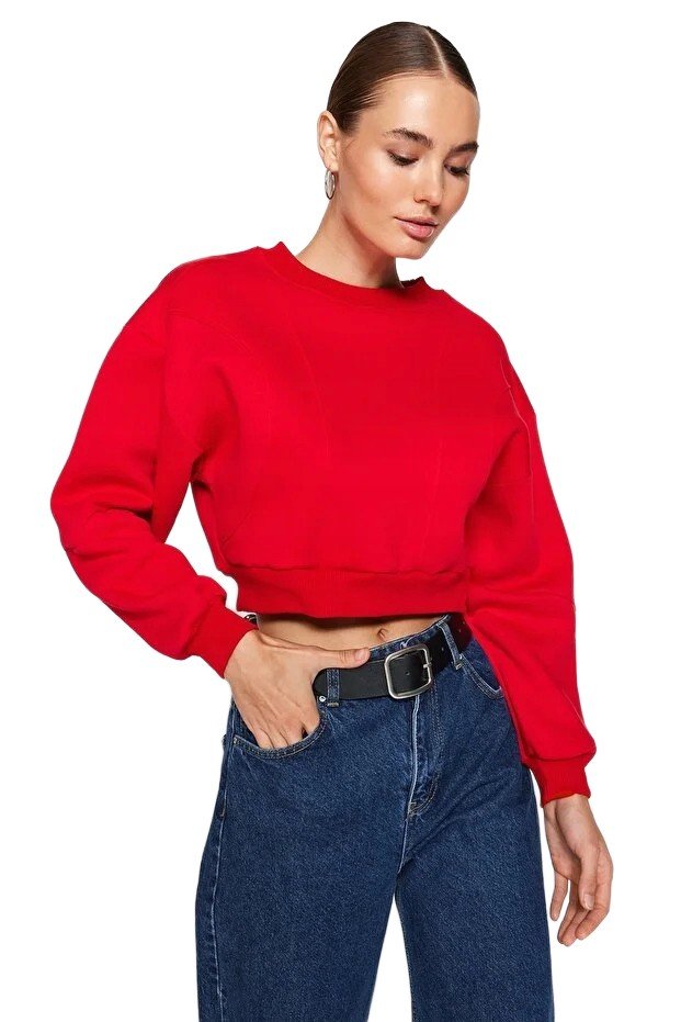 Trendyol TRENDYOL DAMSKA CZERWONA BLUZA KRÓTKA Z DŁUGIM RĘKAWEM M 5EA*