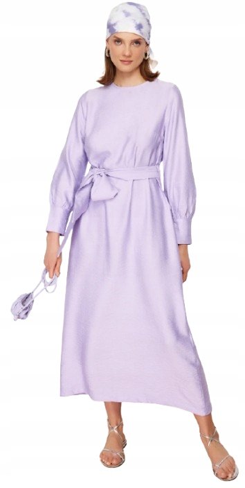 Trendyol TRENDYOL FIOLETOWA SUKIENKA MIDI Z PASKIEM I BUFIASTYMI RĘKAWAMI 38 5BA