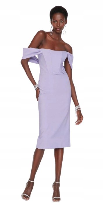 Trendyol TRENDYOL FIOLETOWA SUKIENKA ODKRYTE RAMIONA MIDI PROSTA 36 5AA