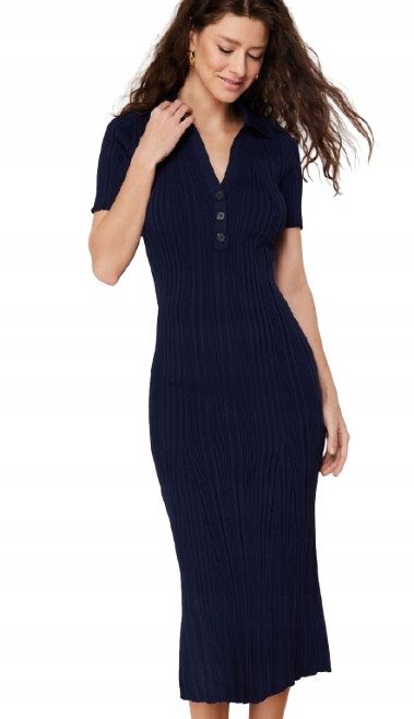 Trendyol TRENDYOL GRANATOWA DZIANINOWA SUKIENKA MIDI Z KOŁNIERZYKIEM 36 5AA