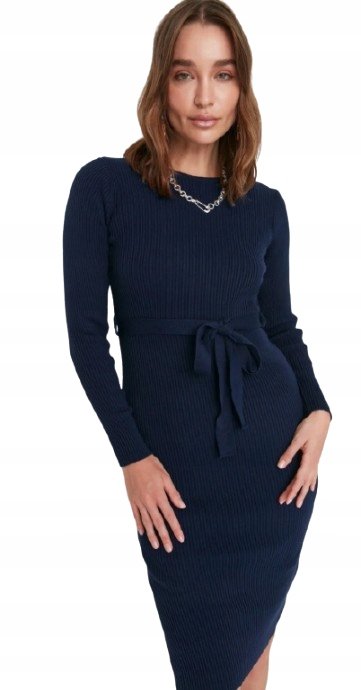 Trendyol TRENDYOL GRANATOWA PRĄŻKOWANA SUKIENKA OŁÓWKOWA Z PASKIEM S 5_A