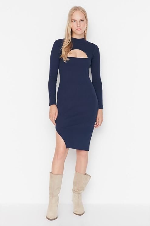 Trendyol TRENDYOL GRANATOWA SUKIENKA MIDI Z DŁUGIM RĘKAWEM I WYCIĘCIEM S 6FA