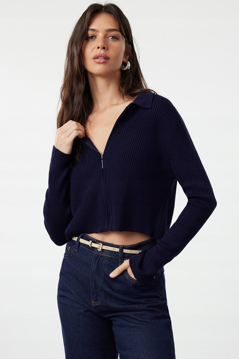 Inny producent TRENDYOL GRANATOWY KRÓTKI SWETER Z KOŁNIERZEM I ZAMKIEM 36 5EA
