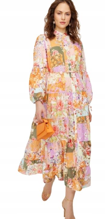Trendyol TRENDYOL KOLOROWA SUKIENKA MIDI W KWIATOWY PRINT Z KOŁNIERZYKIEM 38 5AA