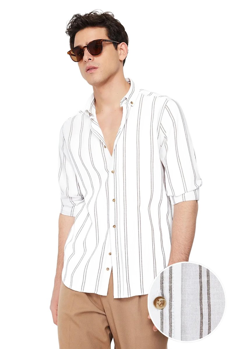 Trendyol TRENDYOL MAN BIAŁA KOSZULA MĘSKA CASUAL W PASKI Z KOŁNIERZYKIEM XL 5DA