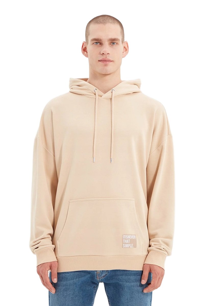Trendyol TRENDYOL MAN BLUZA MĘSKA BEŻOWA Z KAPTUREM I KIESZENIĄ KANGURKĄ L 5DA