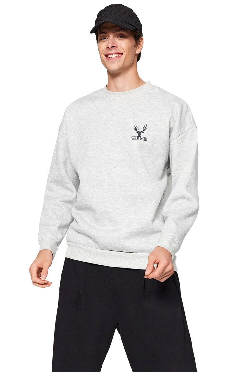 Trendyol TRENDYOL MAN BLUZA MĘSKA SZARA MELANŻ Z NADRUKIEM WILD DEER S 5DA