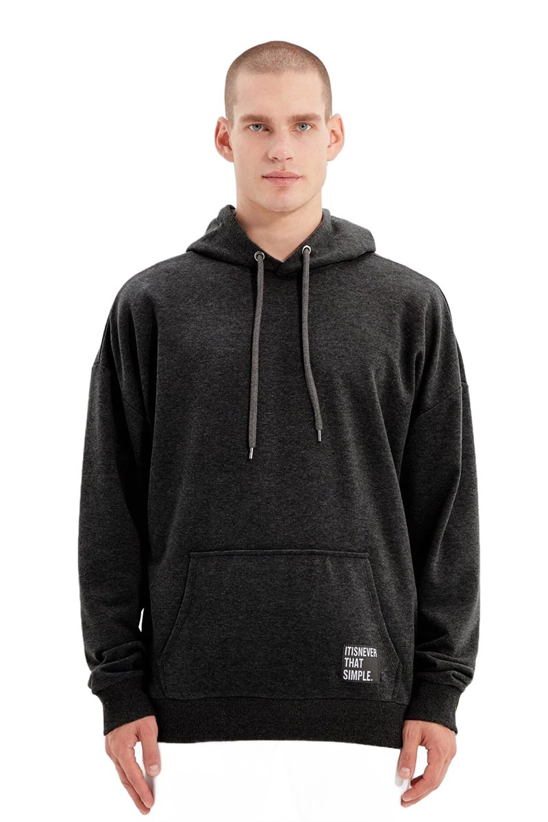 Trendyol TRENDYOL MAN BLUZA MĘSKA Z KAPTUREM CZARNA MELANŻ KANGURKA XL 5DA
