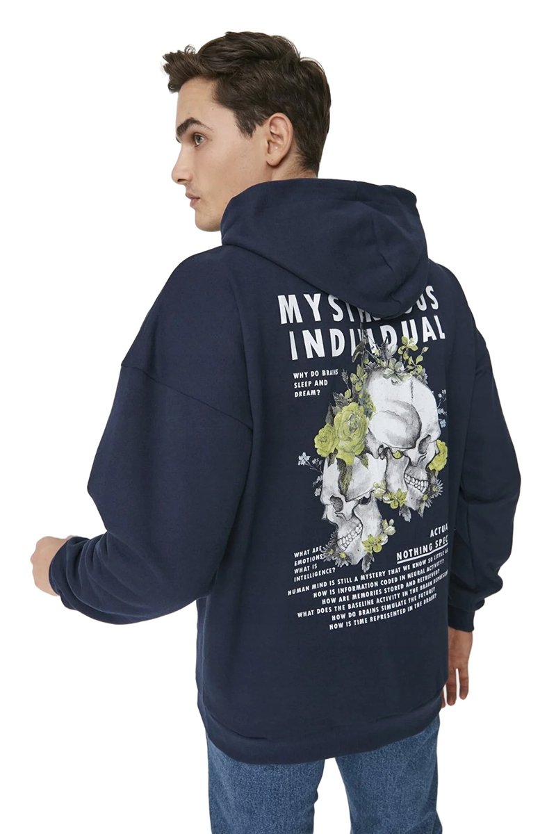 Trendyol TRENDYOL MAN BLUZA MĘSKA Z KAPTUREM GRANATOWA Z NADRUKIEM CZASZKI XL 5DA