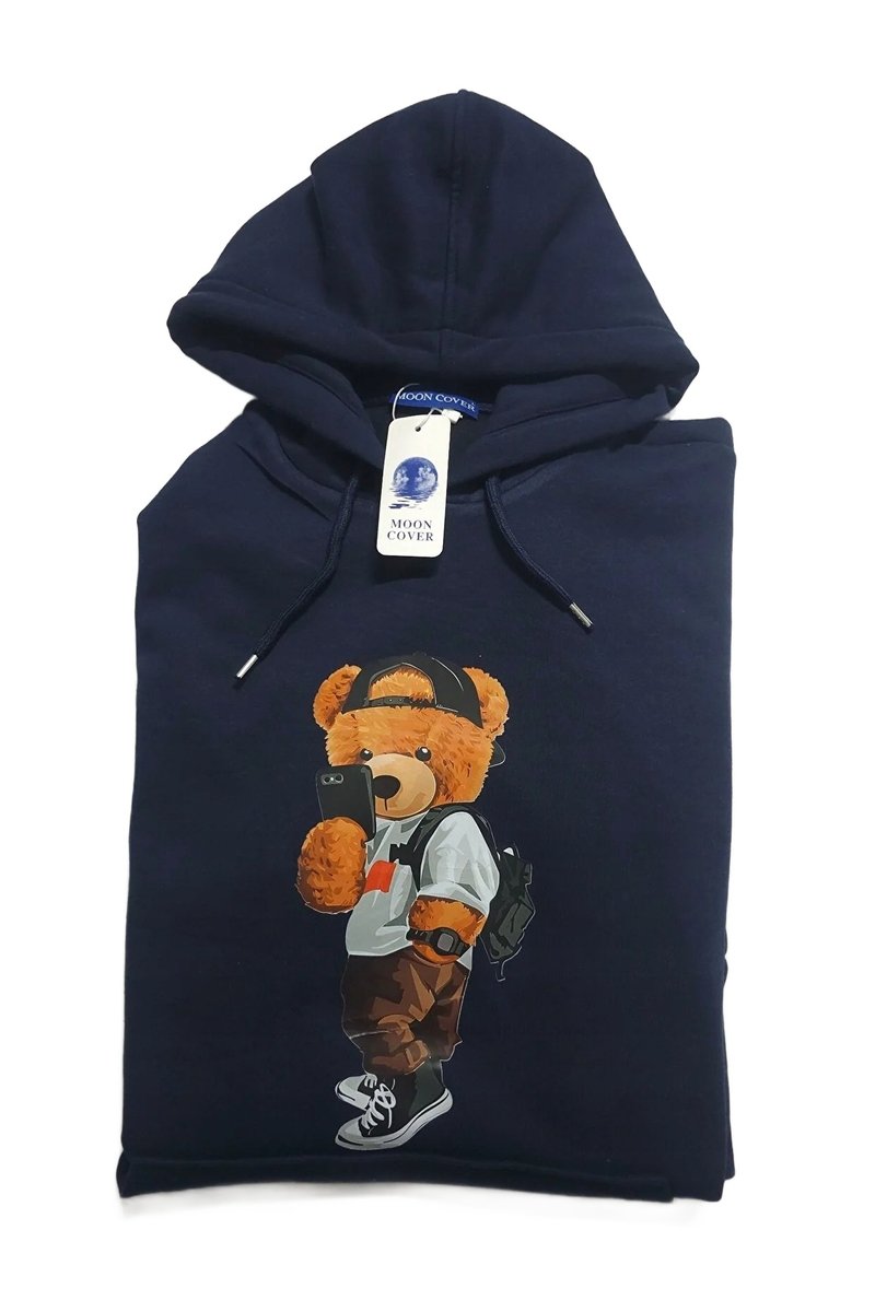 Trendyol TRENDYOL MAN BLUZA MĘSKA Z KAPTUREM GRANATOWA Z NADRUKIEM MISIA XS 5DA